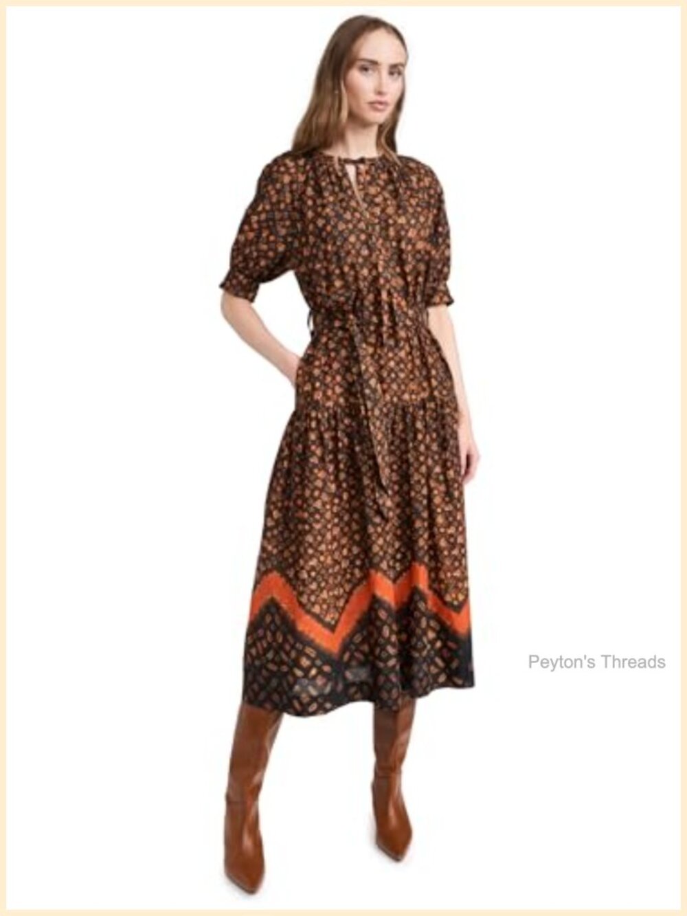 A-Line Midi Dress with Elastic Cuff Sleeves and Pockets